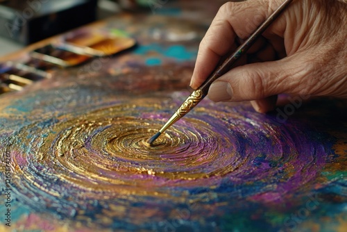 Artist creates colorful swirls using a fine brush on a textured canvas