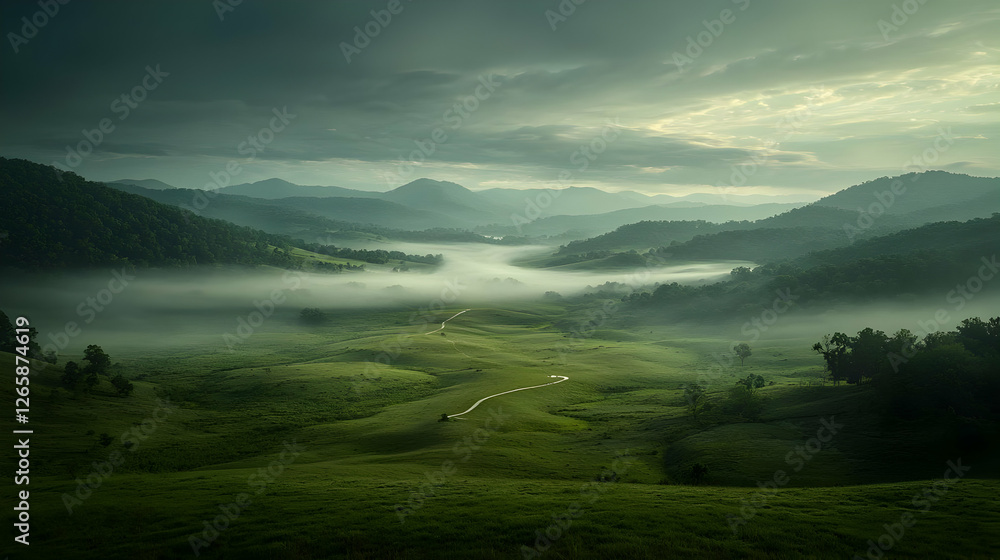 Fototapeta premium Misty valley sunrise, winding path, green hills, peaceful landscape