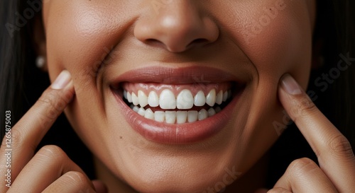 This image is a close up of a woman face. Her fingers are resting on her cheeks, and she is smiling widely, showing off her bright white teeth, cropped
 photo