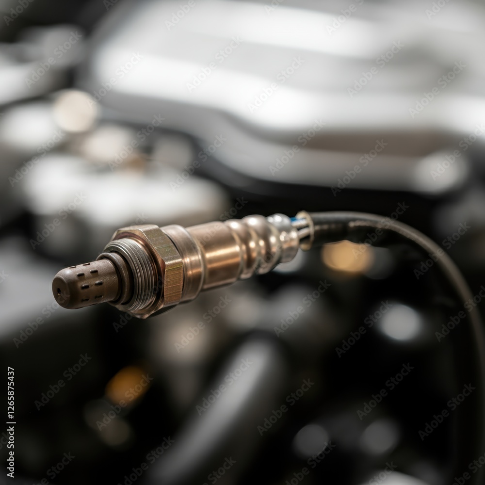 Oxygen sensor in automotive engine compartment close-up Oxygen sensor in automotive engine compartment close-up