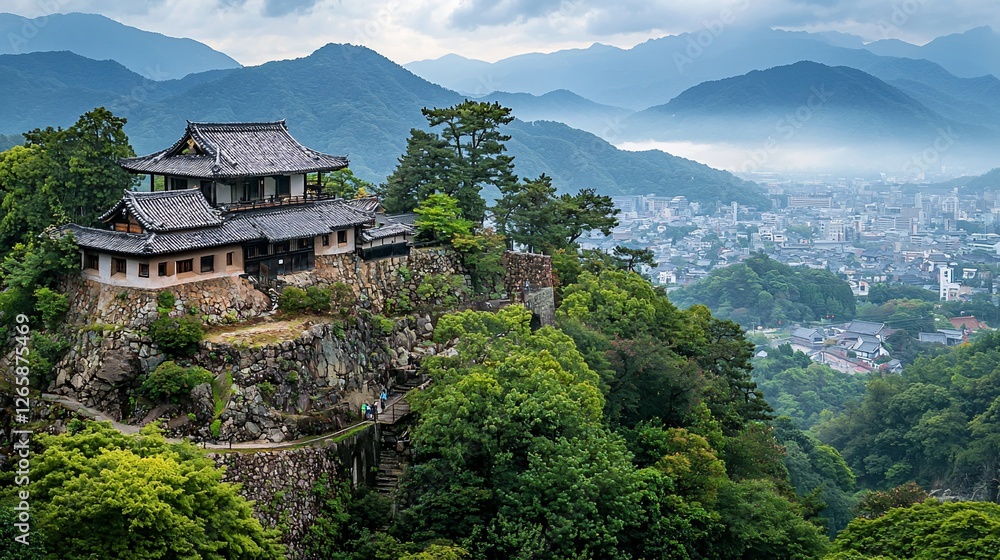 Hilltop Japanese Castle, City View, Tourists Hiking Hilltop Japanese Castle, City View, Tourists Hiking