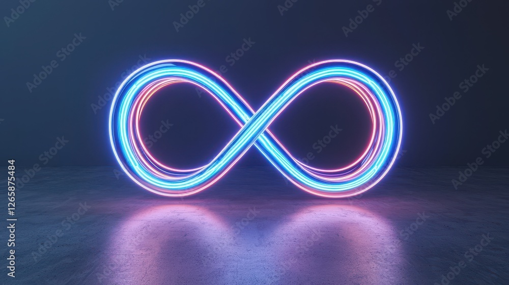 Fototapeta premium A glowing infinity symbol in blue and pink neon lights, set against a dark background, creating a modern and vibrant visual effect.