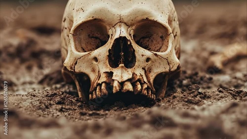 A human skull partially buried in soil, showing detailed features and texture, suggesting themes of mortality or archaeology.