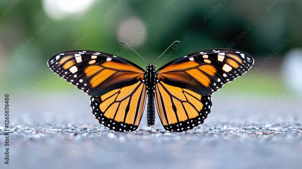 Fototapeta premium Monarch butterfly, open wings, nature, outdoors, beautiful insect, close-up, soft focus background, natural setting