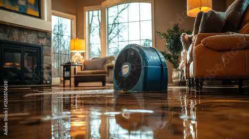 Wallpaper Mural Flooded Living Room With A Professional Drying Fan On A Wet Floor. Disaster And Property Damage. Cleanup Process. Torontodigital.ca