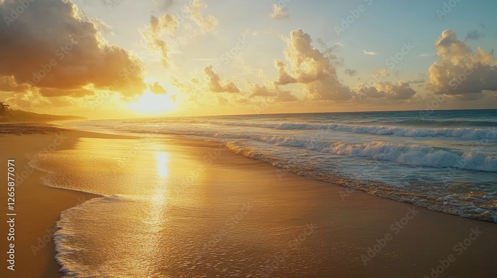 Fototapeta premium Golden Sunset Over Tropical Beach Ocean Waves
