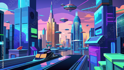 a futuristic city with glowing holographic billboard