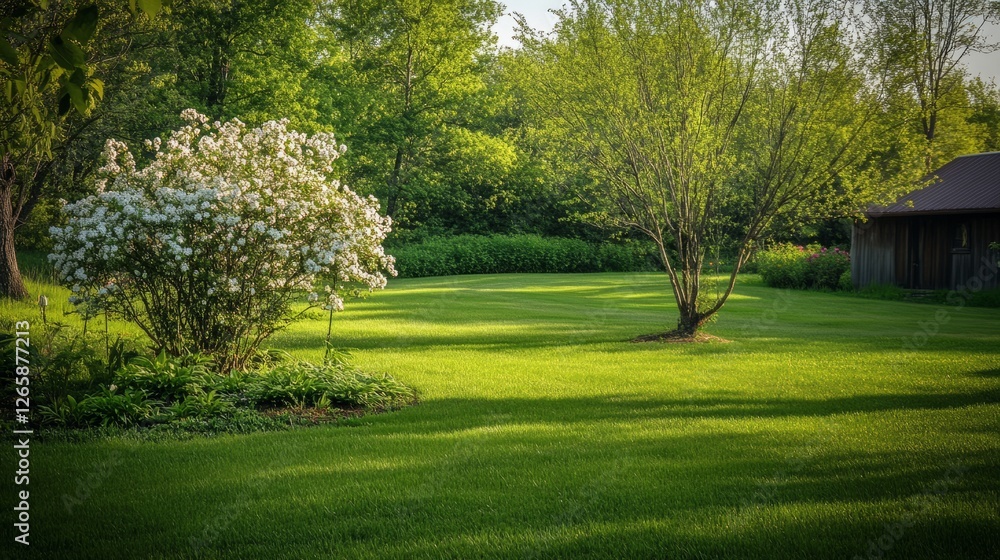 Obraz premium Springtime home surrounded by lush greenery and blooming trees, embodying serene natural beauty. 
