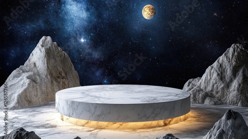White marble podium with moonlit cosmic landscape. Celestial and futuristic display concept.