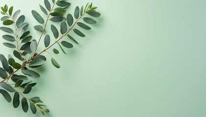Eucalyptus branches arranged sparsely on a light green gradient background, leaving gaps for text