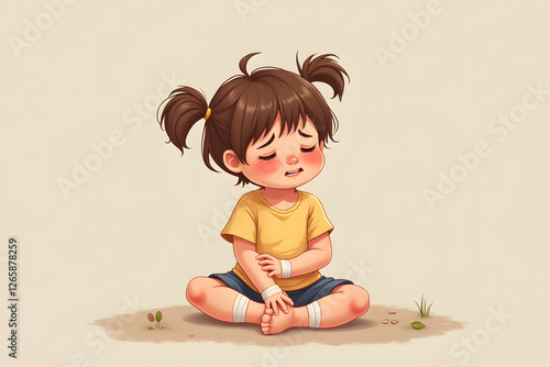 Illustration of a wounded girl sitting with bandages on arms and legs