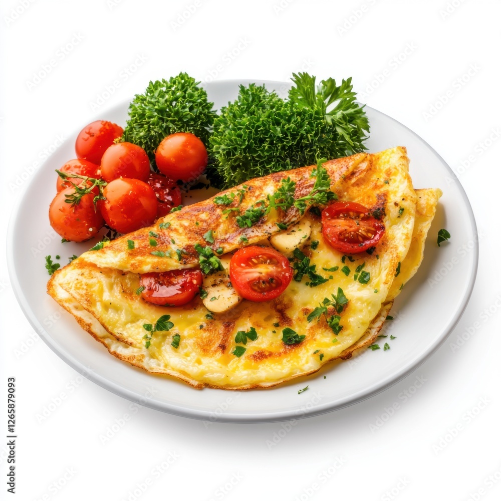 Delicious Omelette with Cherry Tomatoes and Fresh Herbs on a White Plate to Enhance Your Culinary Collection Delicious Omelette with Cherry Tomatoes and Fresh Herbs on a White Plate to Enhance Your Culinary Collection