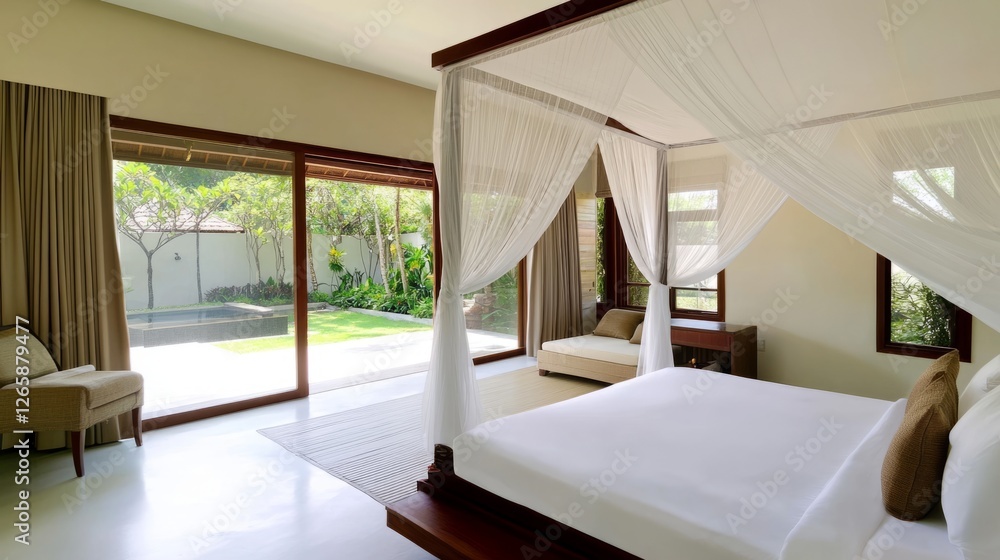 Fototapeta premium Tropical villa with modern bedroom and lush garden, blending clean design and natural serenity.