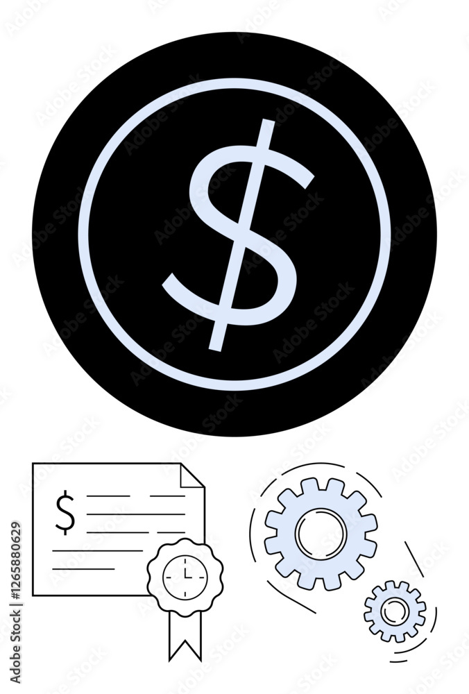 Obraz premium Prominent dollar sign in circle represents finance certificate with ribbon symbolizes achievement interconnected gears denote efficiency. Ideal for finance, business growth, achievement