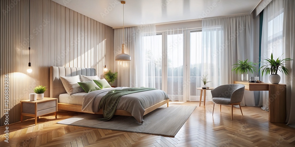 Fototapeta premium Long Exposure Photography: Modern Scandinavian Bedroom Interior Design