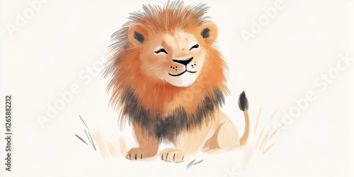 Adorable lion cub sitting in the grass smiling and relaxing