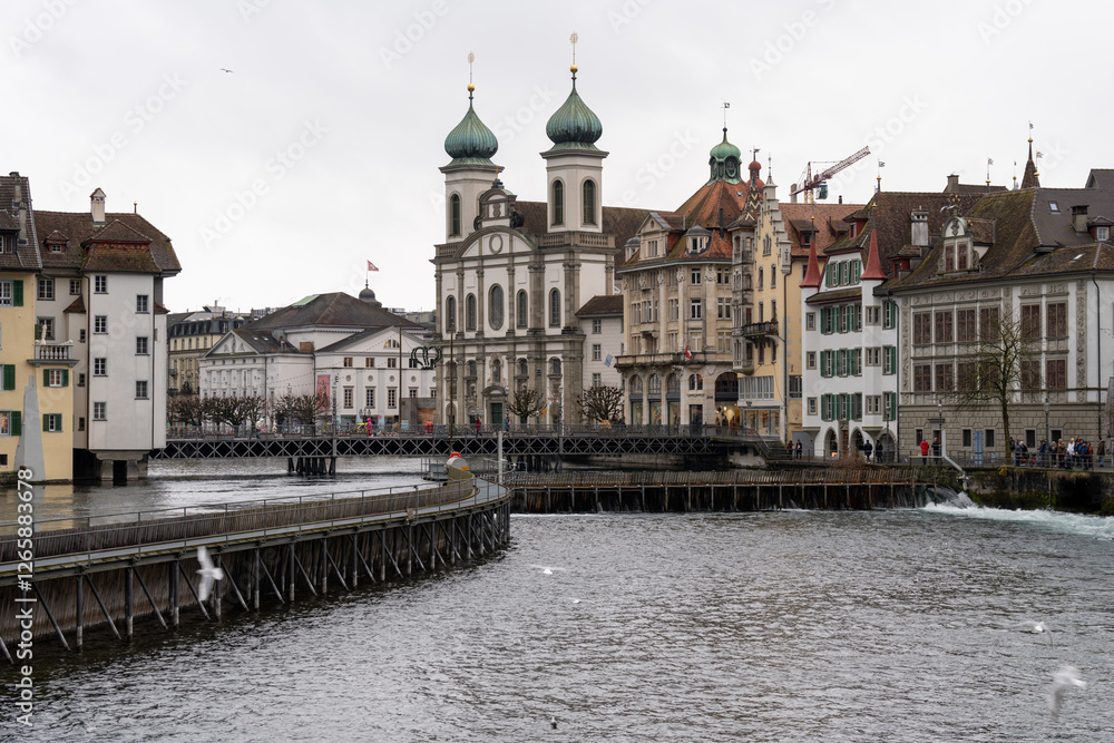 Cityscape view of Lucerne Switzerland as seen from the Reuss River Cityscape view of Lucerne Switzerland as seen from the Reuss River
