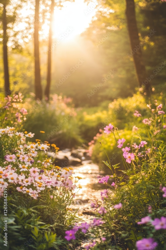 Obraz premium Beautiful colorful wild flowers in deep foggy forest with sun light in Spring.