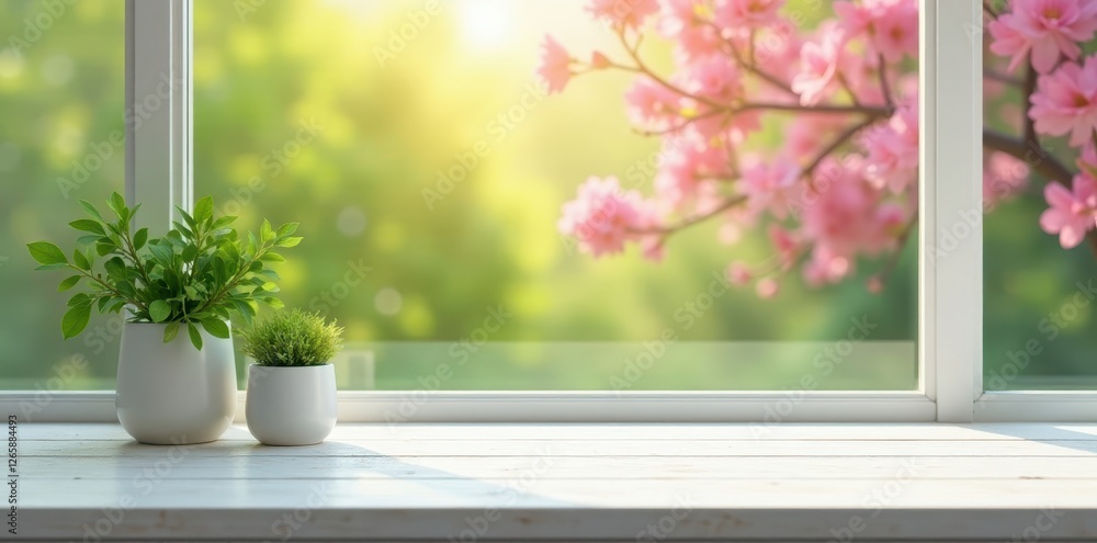 Fototapeta premium Clean white wooden table, expansive spring window view, ample copy space, white, daylight, photography