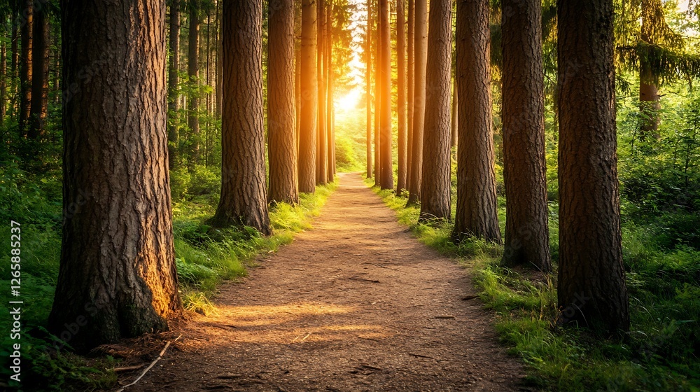Obraz premium Sunlit Path Through Tall Forest Trees