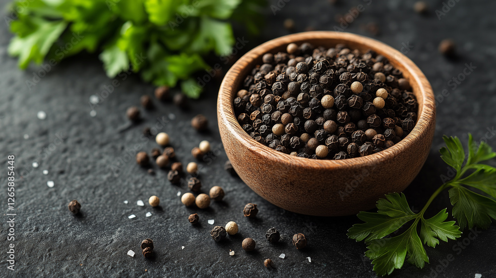 Whole Black Peppercorns in Rustic Wooden Bowl Whole Black Peppercorns in Rustic Wooden Bowl