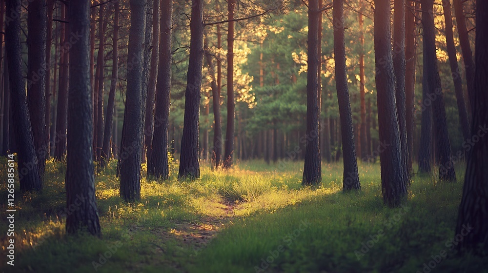 Naklejka premium Golden Sunlight Illuminates A Forest Path Between Trees