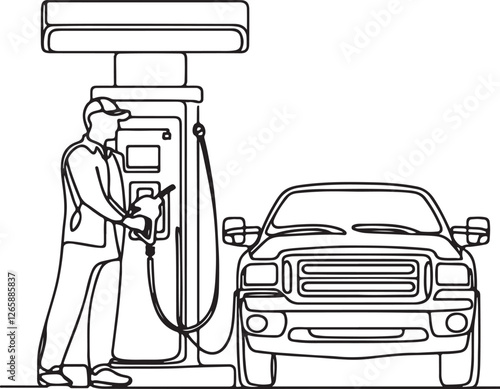 Fueling Up. Gas Station Worker Line Art Refueling Car