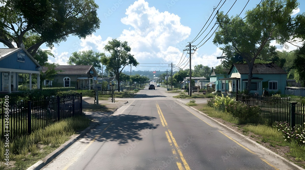 Bright Sunny Day on a Suburban Street with Blue Houses and Lush Green Trees Bright Sunny Day on a Suburban Street with Blue Houses and Lush Green Trees