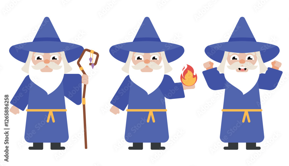 A wizard character in various poses suitable for animation. Flat design wizard A wizard character in various poses suitable for animation. Flat design wizard
