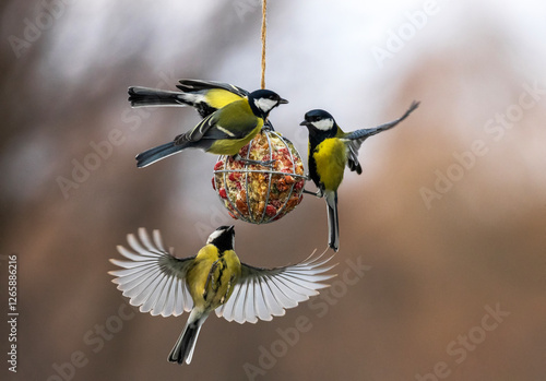 tits birds flying at a feeder with their wings spread and eating seeds and nu...