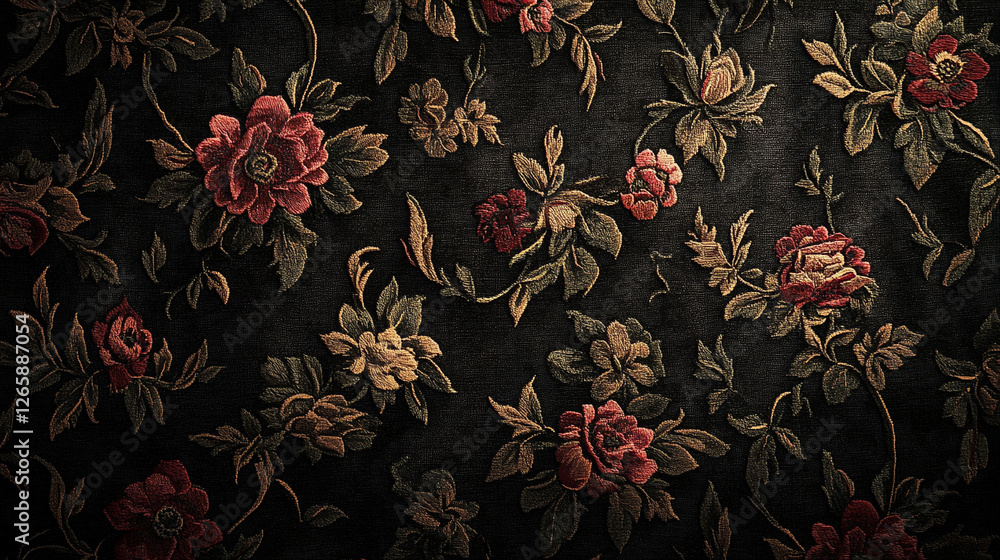 Elegant floral pattern on dark fabric with intricate embroidery details Elegant floral pattern on dark fabric with intricate embroidery details