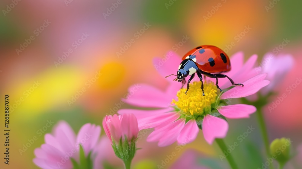 Fototapeta premium Beautiful cute ladybug with flower in Spring.