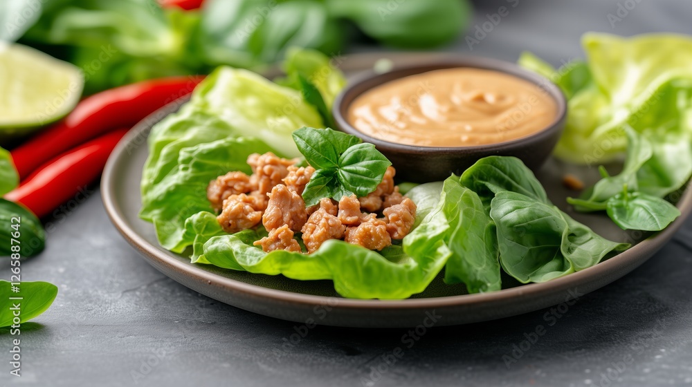 Close Up of Lettuce Wraps with Chicken and Peanut Sauce on Gray Background Close Up of Lettuce Wraps with Chicken and Peanut Sauce on Gray Background