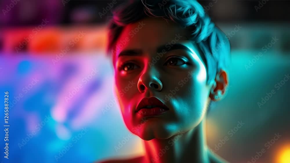A woman standing in front of a neon colored light A woman standing in front of a neon colored light