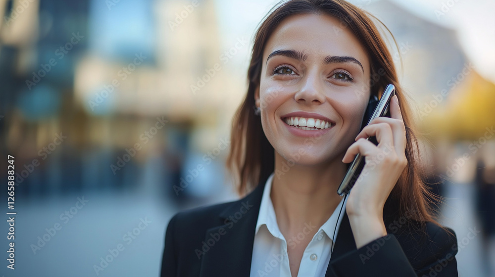 A close-up shot focusing on a confident businesswoman or businessman smiling while walking and talking on the phone A close-up shot focusing on a confident businesswoman or businessman smiling while walking and talking on the phone