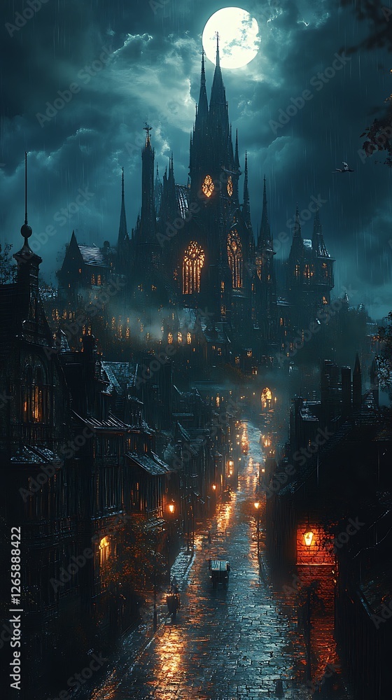 Fototapeta premium Castle night fantasy gothic misty composition high resolution hd photo