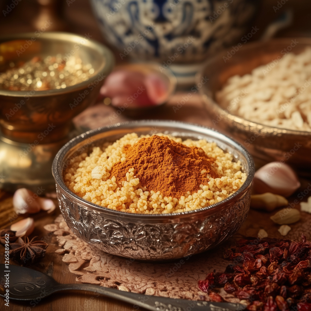Authentic Spiced Couscous in a Traditional Ceramic Bowl Authentic Spiced Couscous in a Traditional Ceramic Bowl