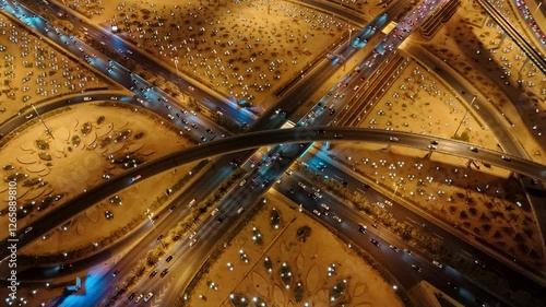 Nighttime Aerial View of Riyad City Lights and Highways. KAFD