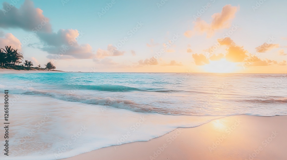 Serene Tropical Beach Sunset Peaceful Ocean Waves Serene Tropical Beach Sunset Peaceful Ocean Waves