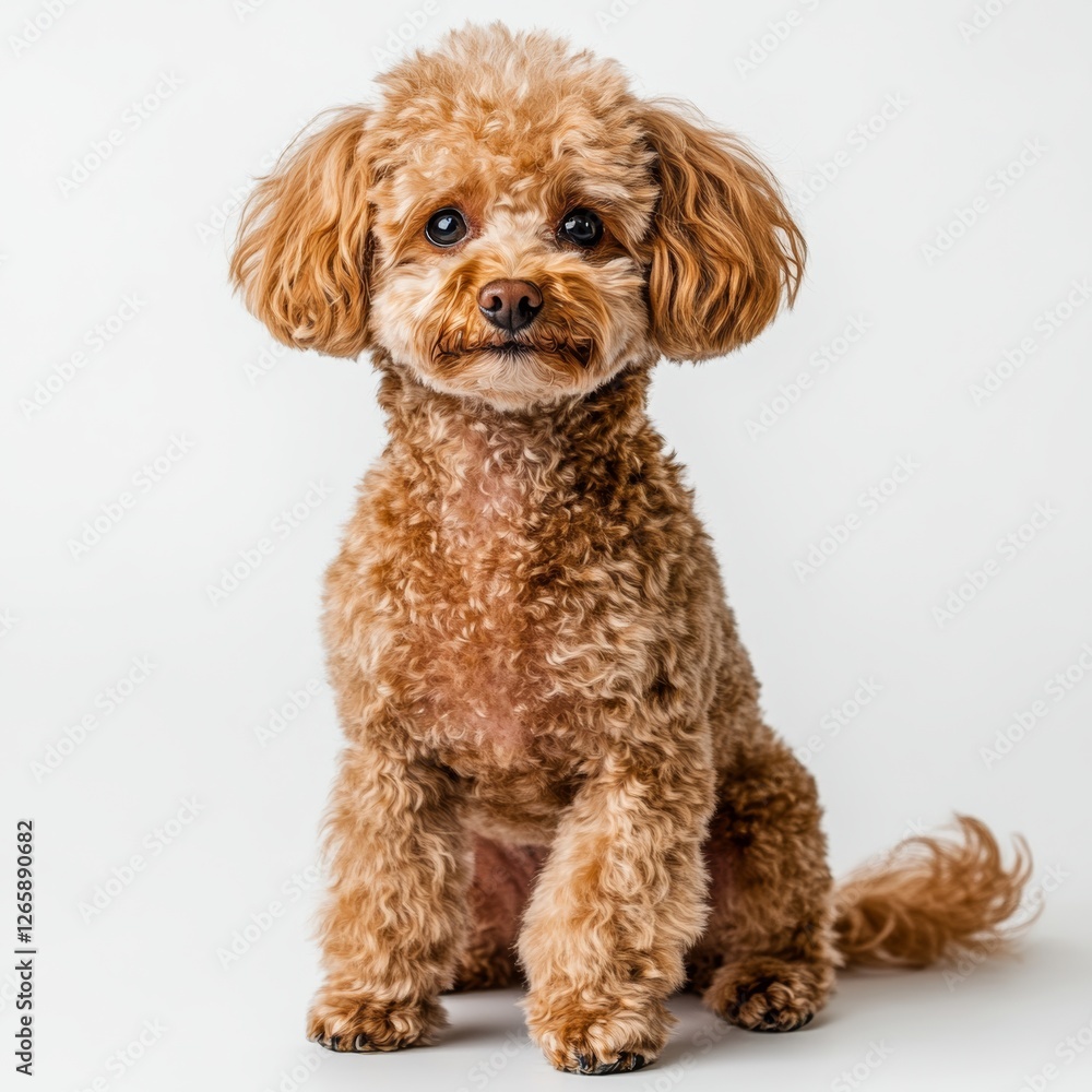 Cute Poodle Dog Sitting with Curled Tail on White Background Cute Poodle Dog Sitting with Curled Tail on White Background