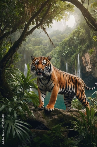 A majestic tiger stands on a rock amidst lush greenery and waterfalls in a serene environment.