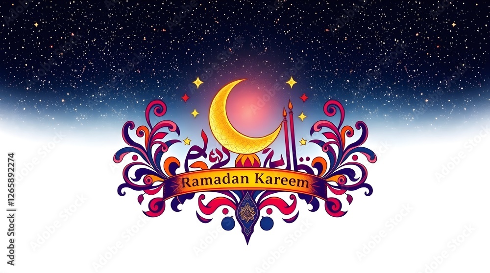 Naklejka premium Vibrant Ramadan Kareem Design with Crescent Moon and Stars
