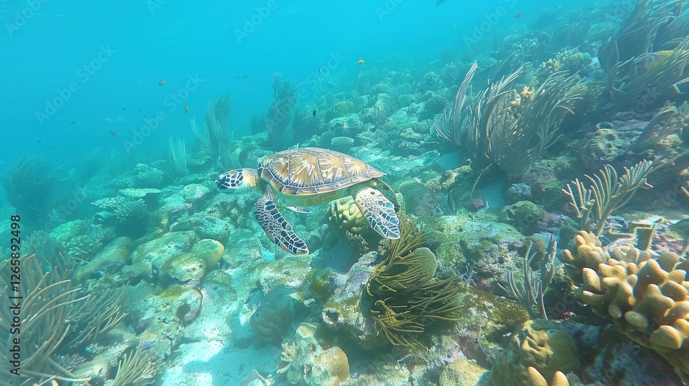 Naklejka premium Colorful Coral Reef with Sea Turtle Swimming Underwater