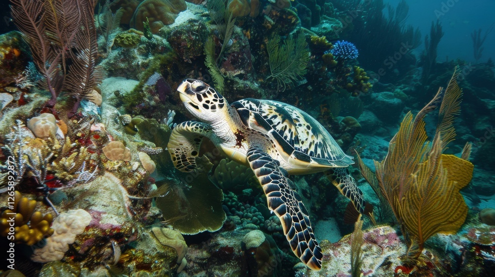 Fototapeta premium Colorful Coral Reef with Sea Turtle Swimming Underwater