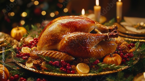 Roasted Turkey on Festive Thanksgiving Table with Cranberries Pumpkins and Lemons