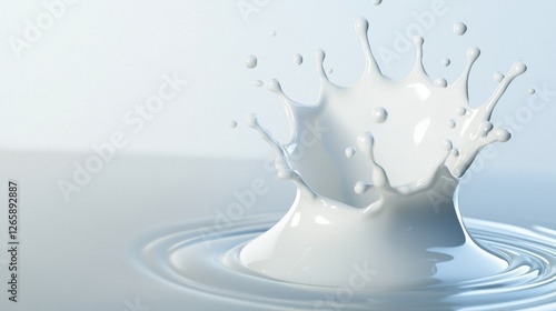 A close up of a milk droplet splashing into a smooth surface, creating a perfect crown like shape, soft white reflections highlighting the fluid motion photo