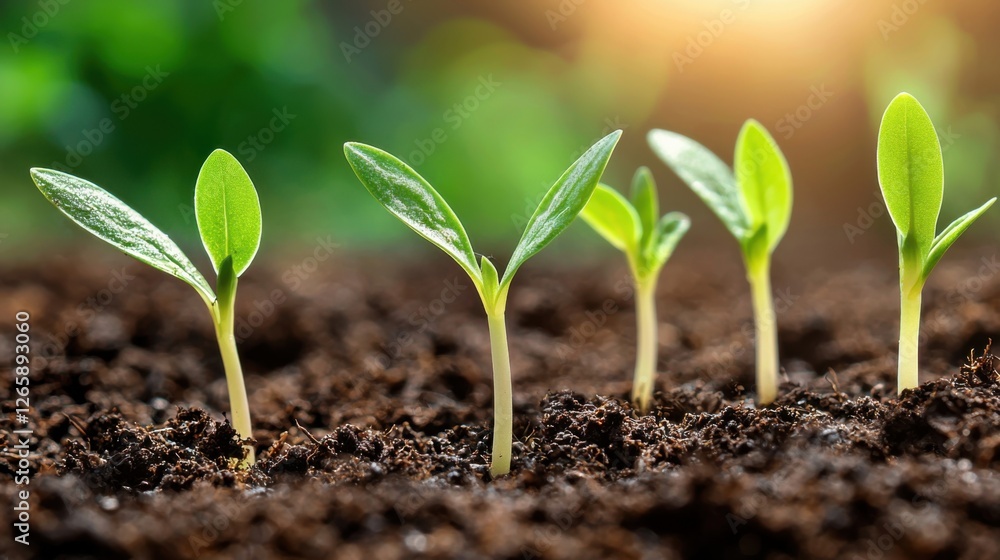 Fototapeta premium A close up of delicate green sprouts emerging from dark, moist soil, tiny leaves unfolding towards the sunlight, symbolizing new beginnings and growth