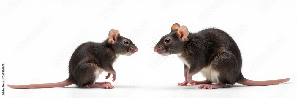 One rat sits, another scurries on pristine white , pest control, fear, multiple One rat sits, another scurries on pristine white , pest control, fear, multiple