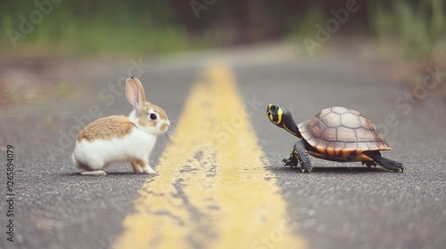 The classic showdown: A tortoise and hare face off on the asphalt road