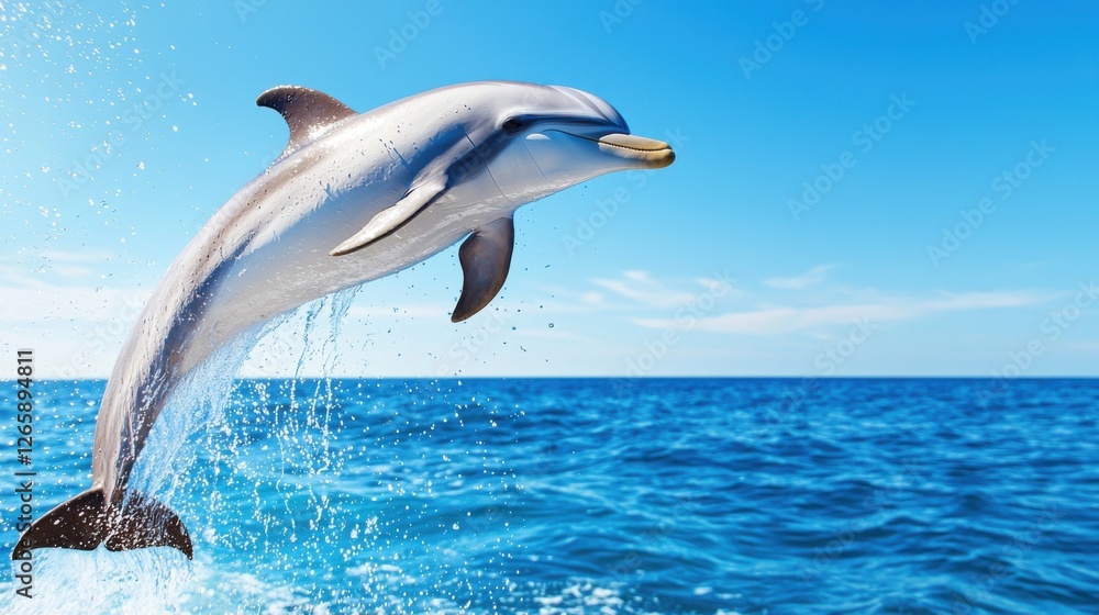 Fototapeta premium Close up of a dolphin leaping out of the ocean, water droplets frozen mid air, deep blue sea as the backdrop, energy and grace